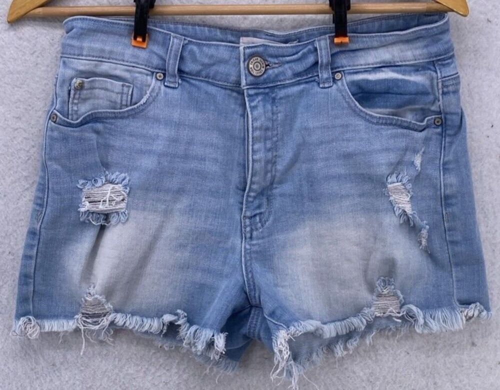 Enjean Womens Distressed Denim Shorts Size L Light Wash Ripped Frayed Raw Hem